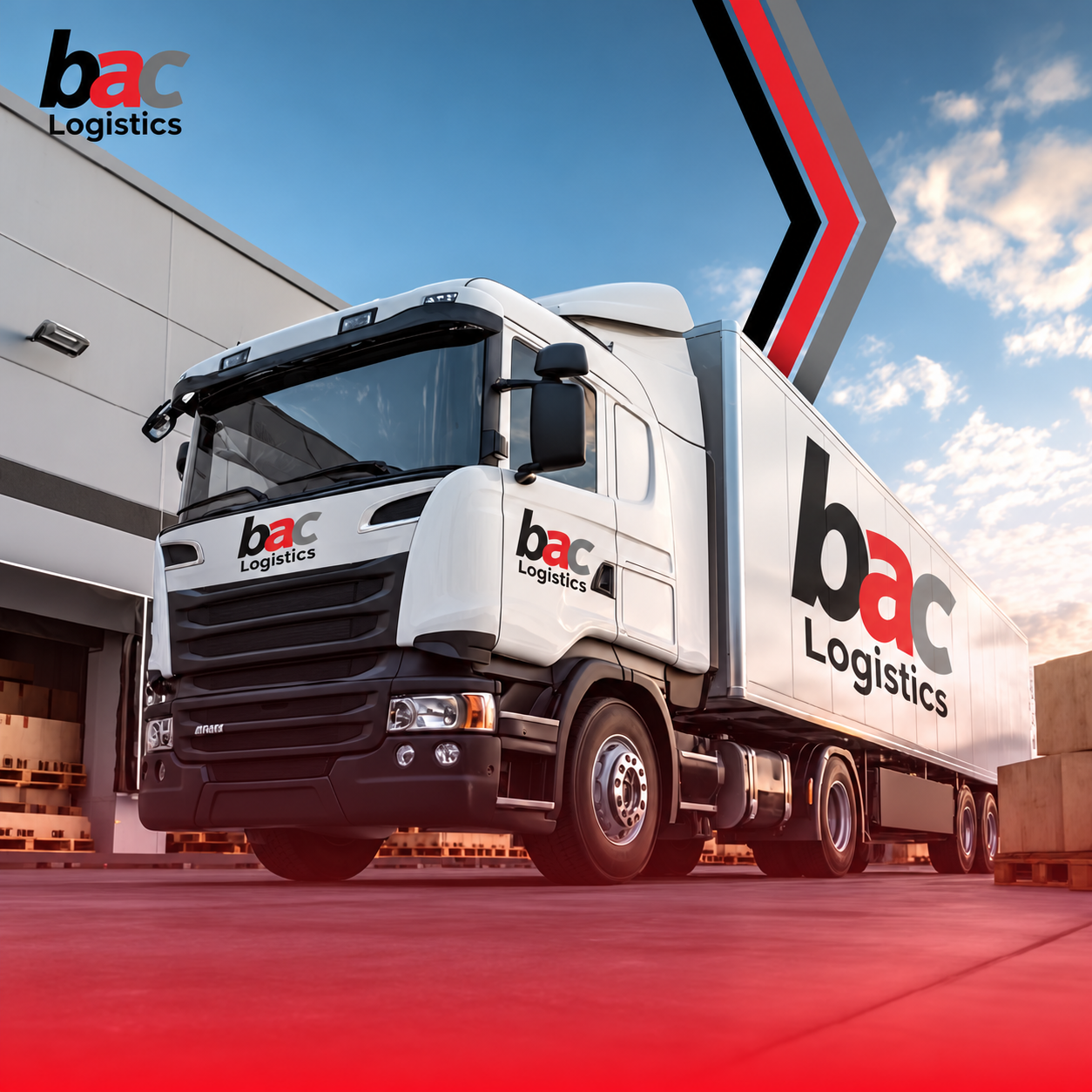 BAC Logistics branded truck beside a warehouse, with the BAC logo on the trailer, cab door and front.